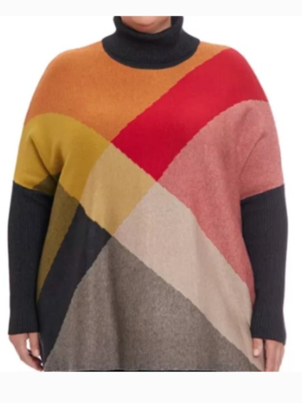 Joseph A Womens Sz XXL Poncho Turtleneck Sweater Red Yellow Dark Gray Colorblock